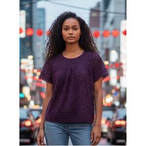 J. Crew Purple Eyelet Cotton Lace Bloom Top Short Sleeve Boho Chic Womens Sz 0 #